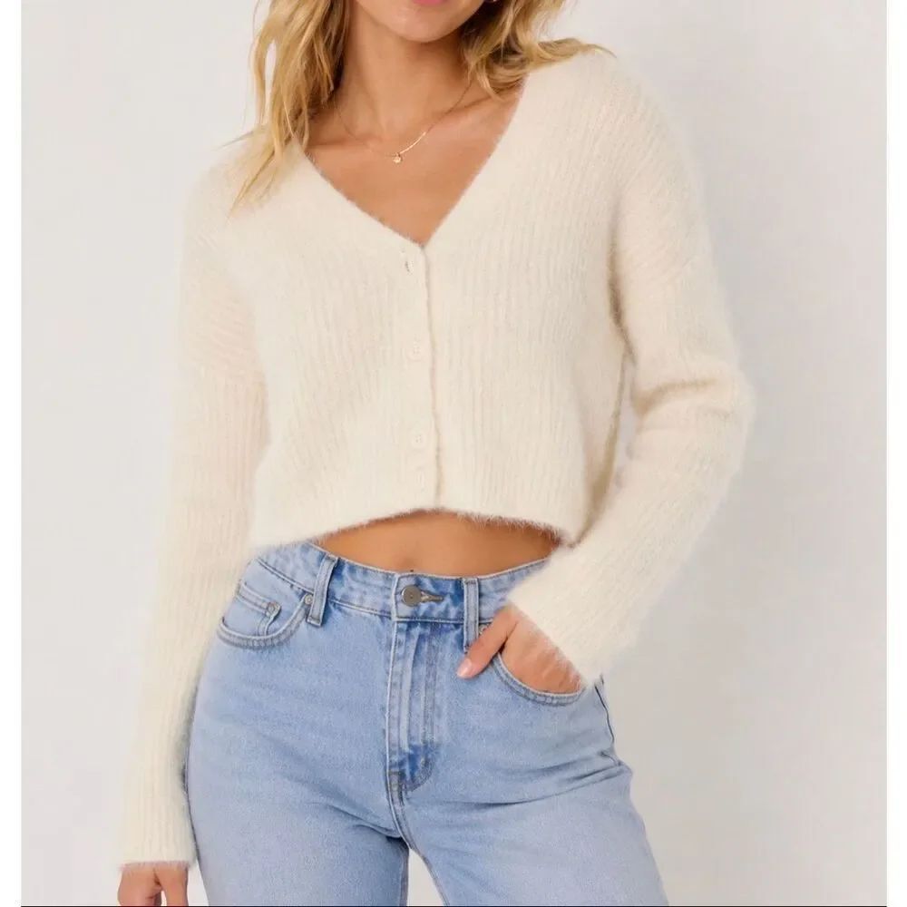 Aeropostale Fuzzy Cropped Cardigan XS Cream Soft Girl Cozy Sweater